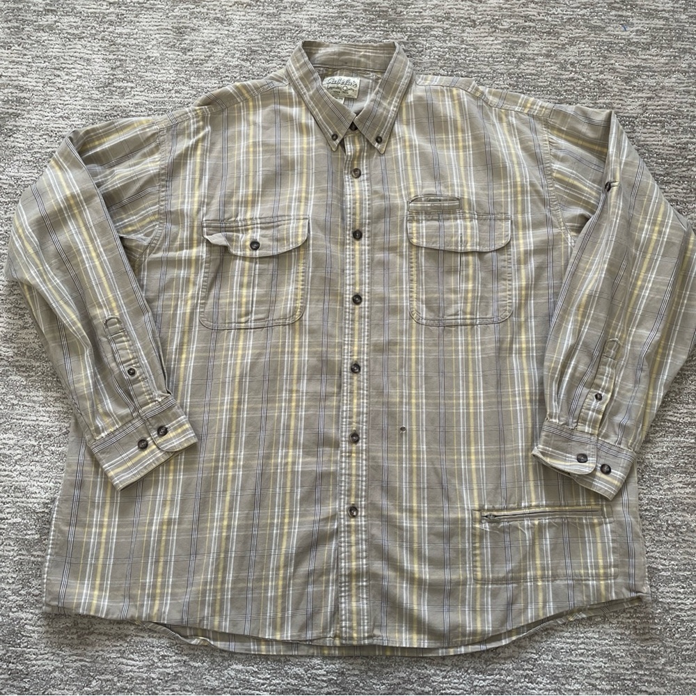 Cabelas Mens 2XL Long Sleeve Button Shirt Brown Utility Fishing Camp Pockets